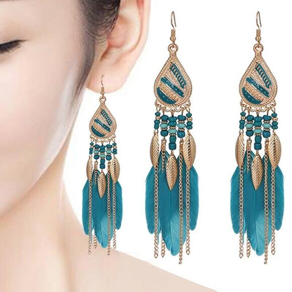 Feather Boho Rice Bead Stud Long Waterdrop Tassel Earrings Hook Boho Ethic Drop - Picture 5 of 5